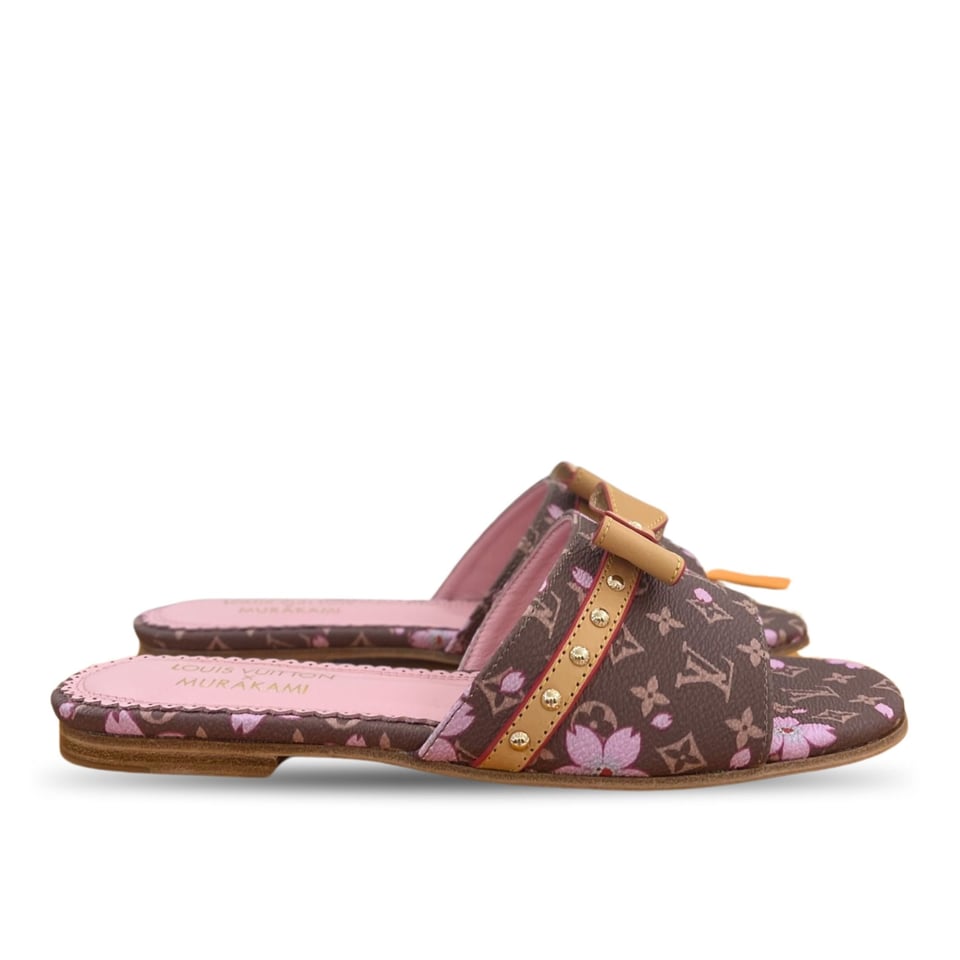 Louis Vuitton x Takashi Murakami Cherry Blossom Flat Slide Sandal Brown Monogram Canvas view 2