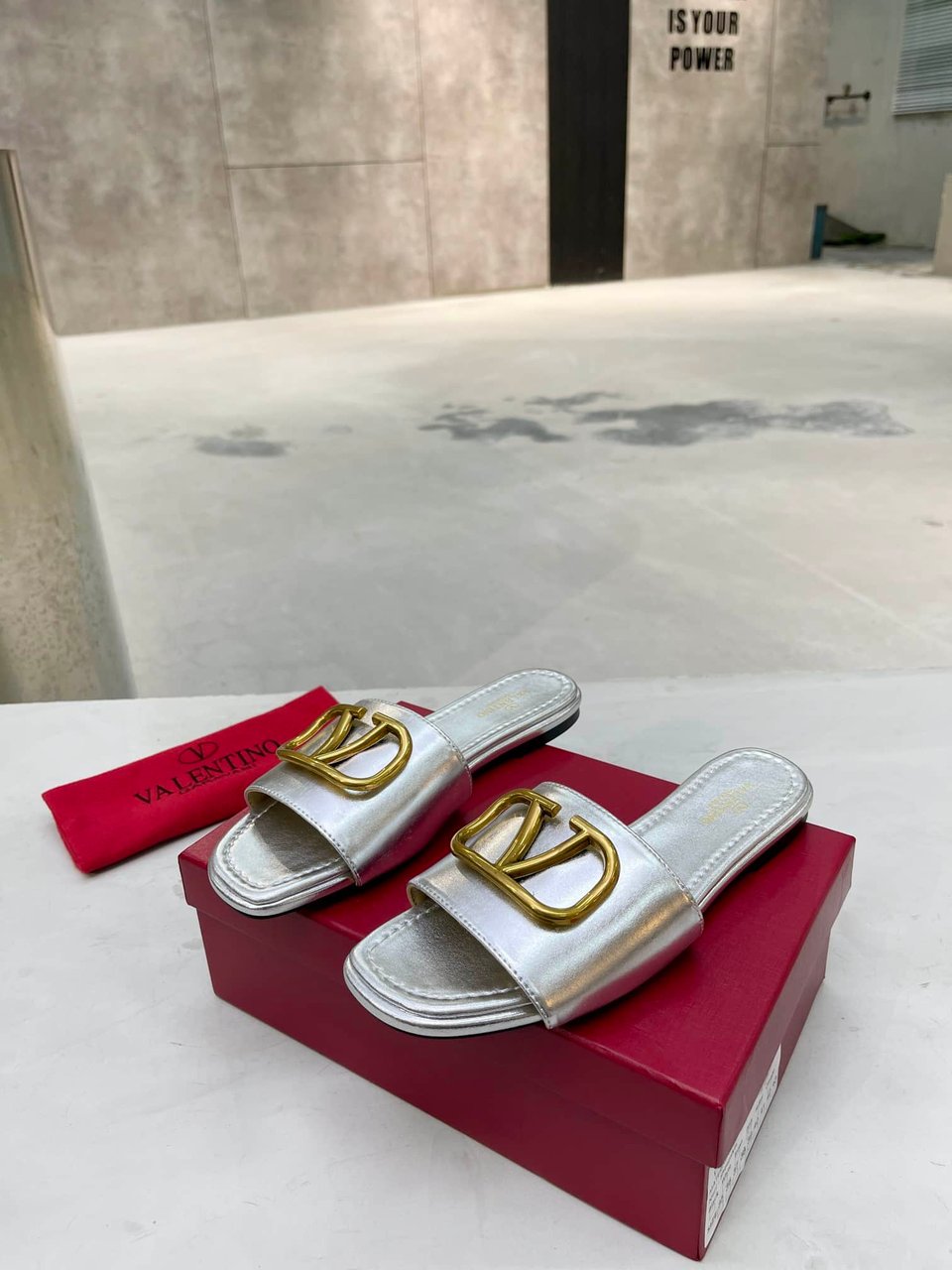 Valentino Garavani Vlogo Signature Slide Sandal Silver view 4