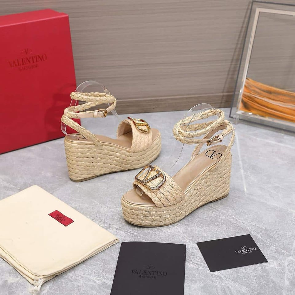Valentino Garavani Vlogo Raffia Platform Wedge Sandals Natural view 6