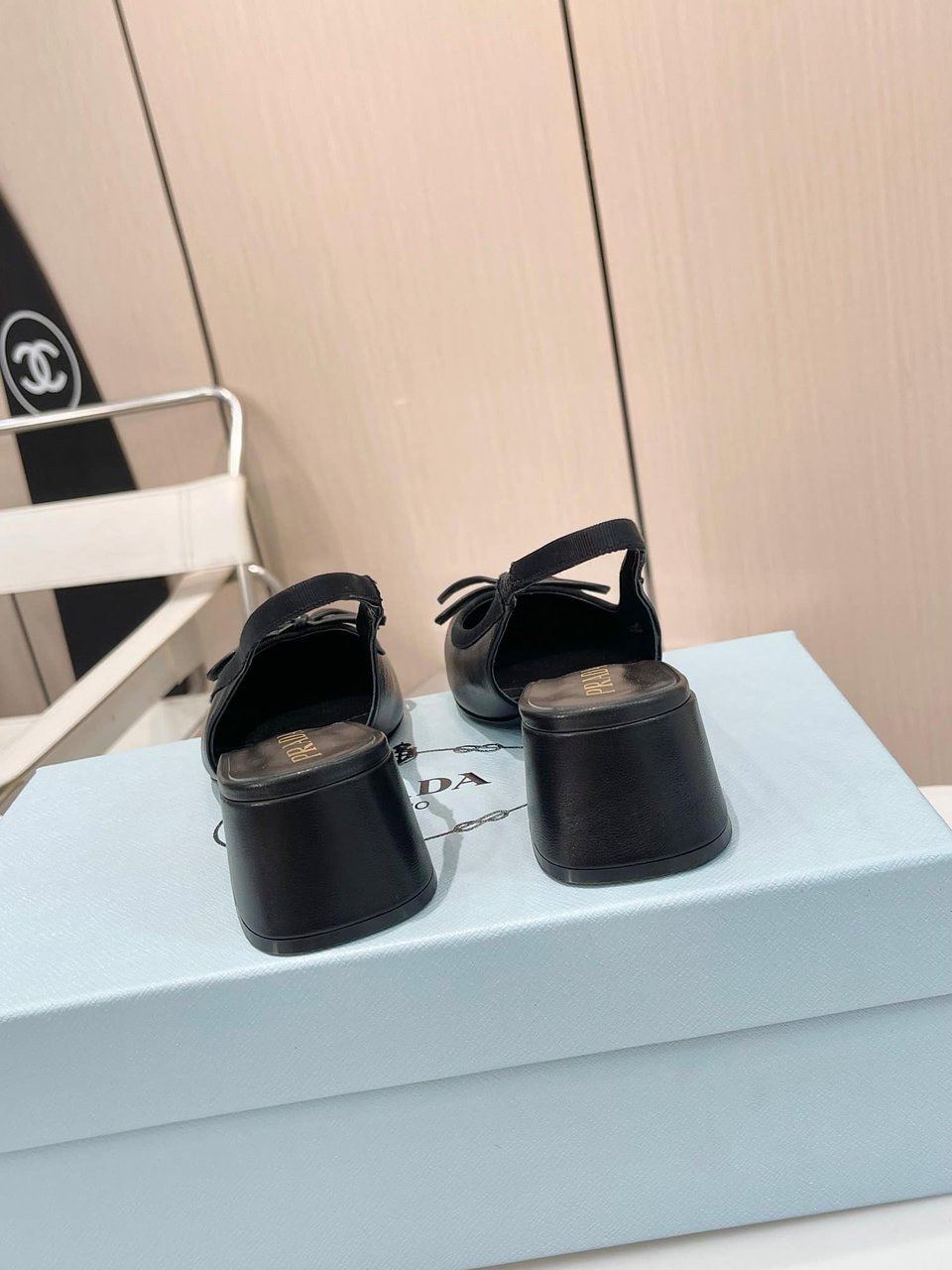 Prada Triangle Logo Bow Slingback Pump In Black view 5
