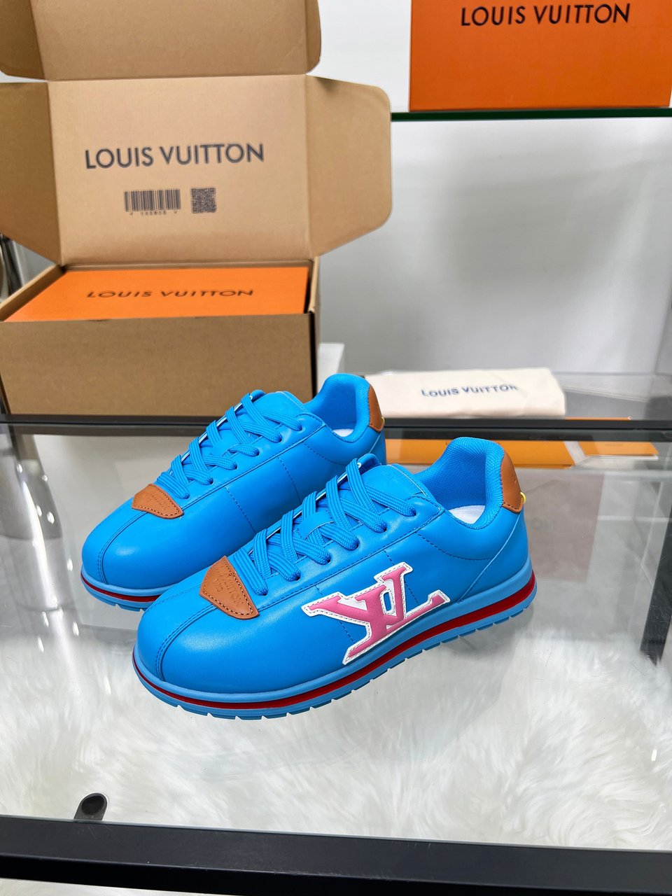 Louis Vuitton LV Trainer Sneaker Blue &amp; Pink – Red Stripe Sole – Women’s Shoes view 4