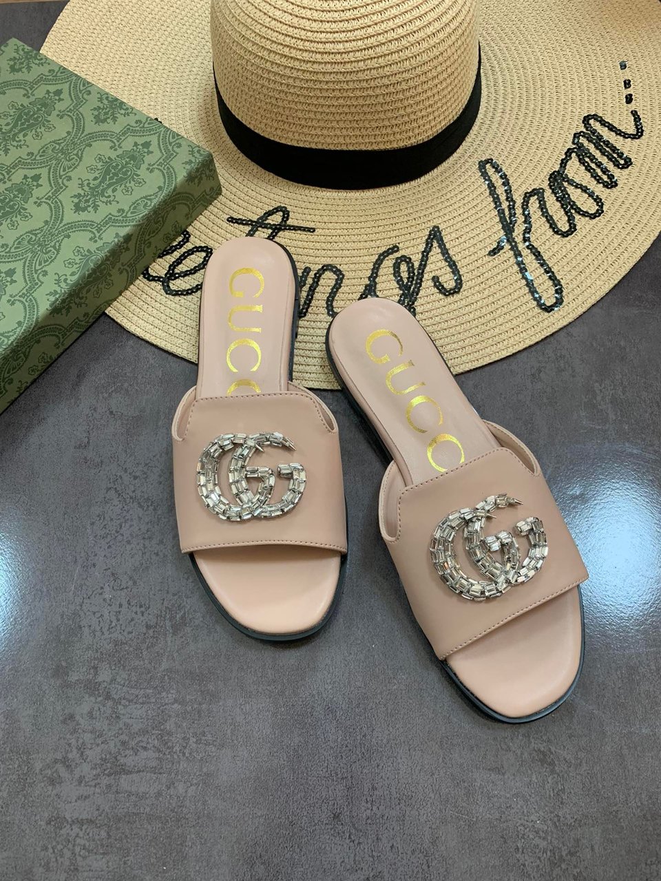 Gucci Double G Slippers Leather Beaded In Beige view 7