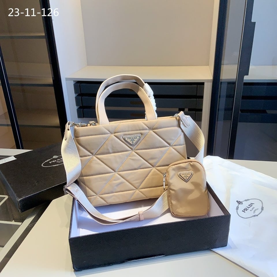 Prada Re Nylon Padded Tote Bag Beige 23Cm view 3