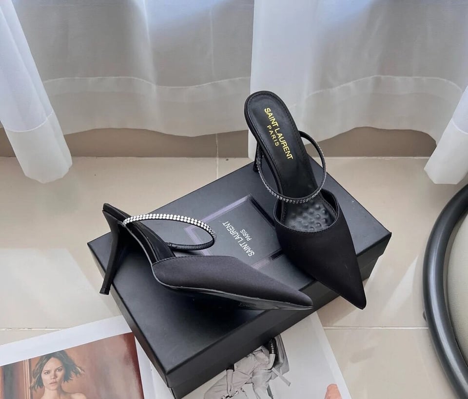 Saint Laurent Barbara Mules Satin And Rhinestones In Black 7997159Qn0A1021 view 3
