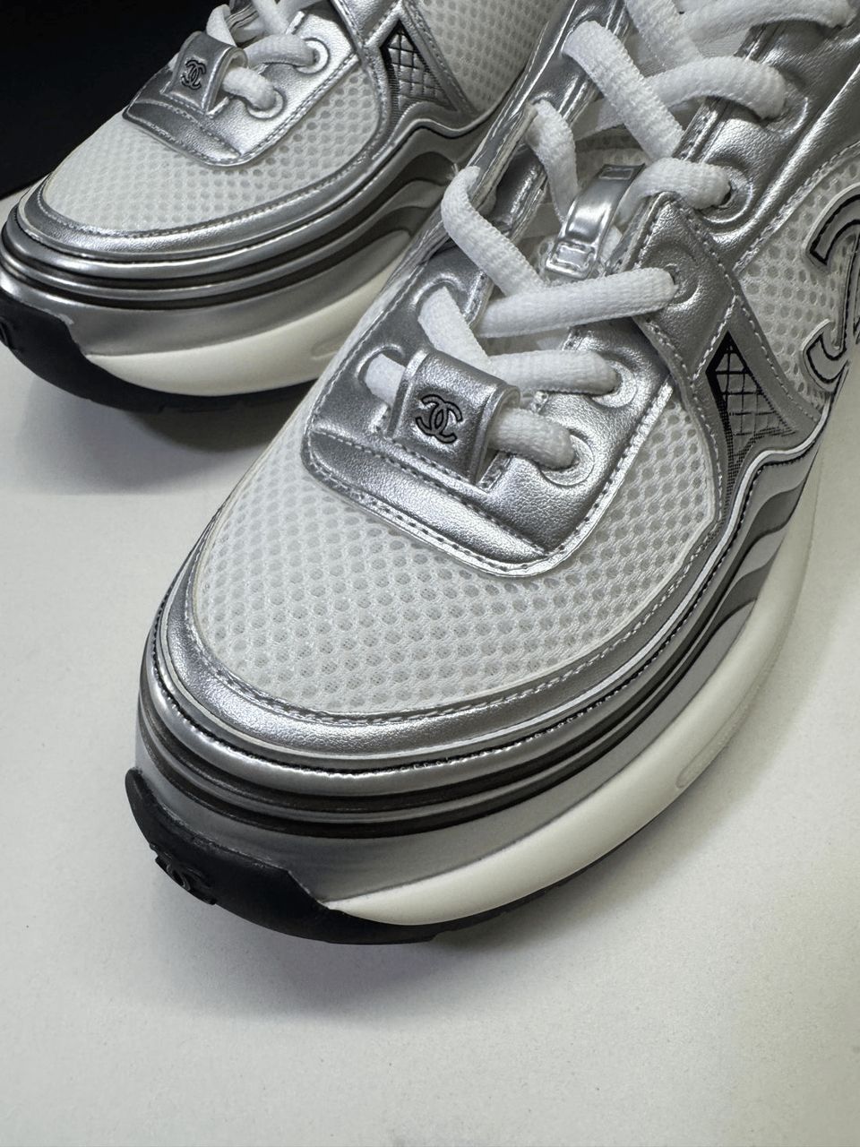 Chanel CC Logo Metallic Mesh Sneakers White/Silver view 4