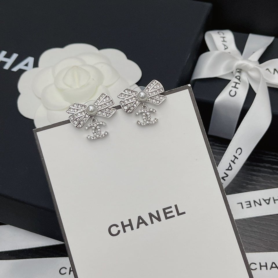 Chanel Crystal Cc Bow Drop Earrings Silver view 7