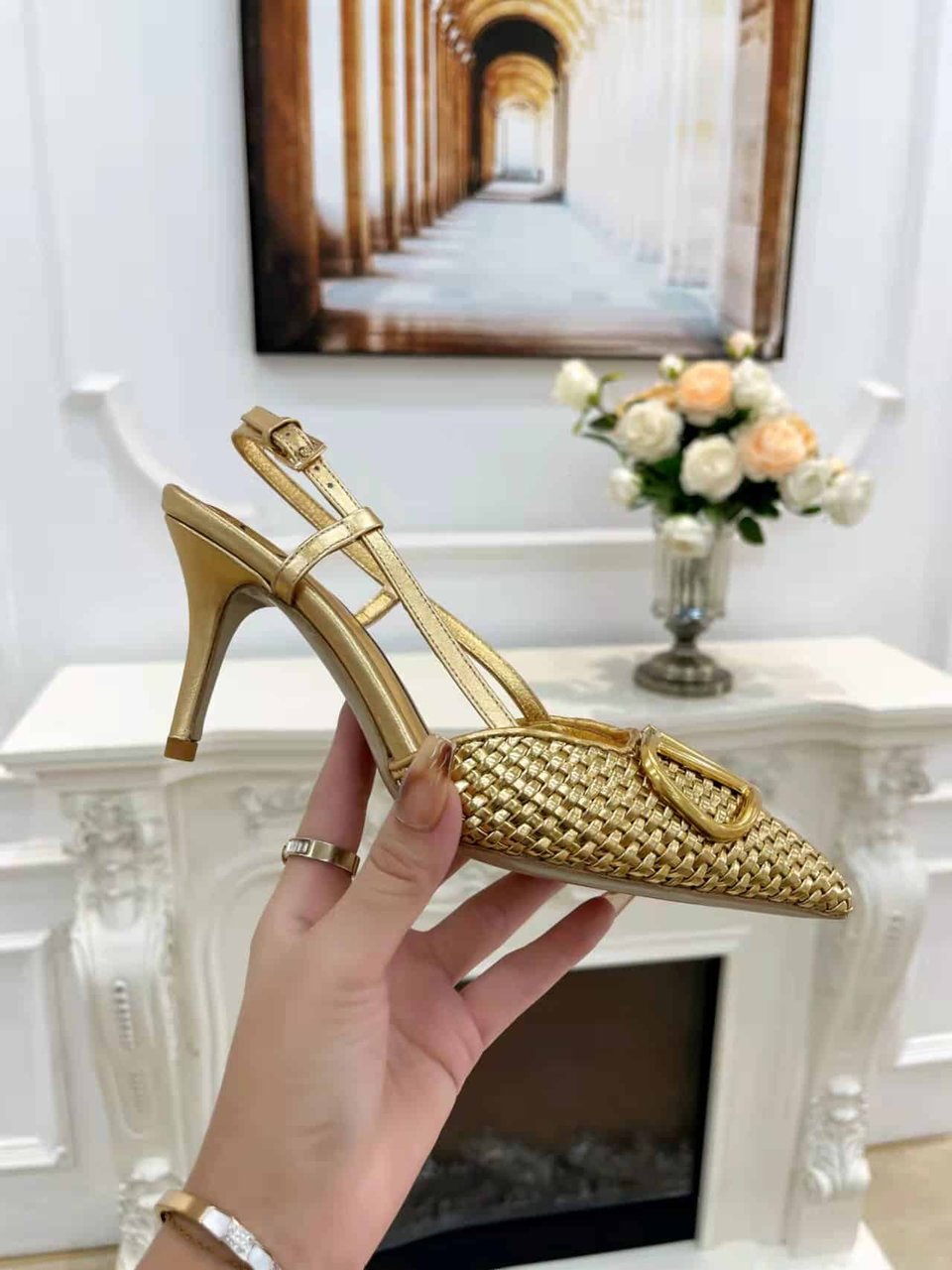 Valentino Garavani Vlogo Woven Leather Slingback Pumps Gold view 10