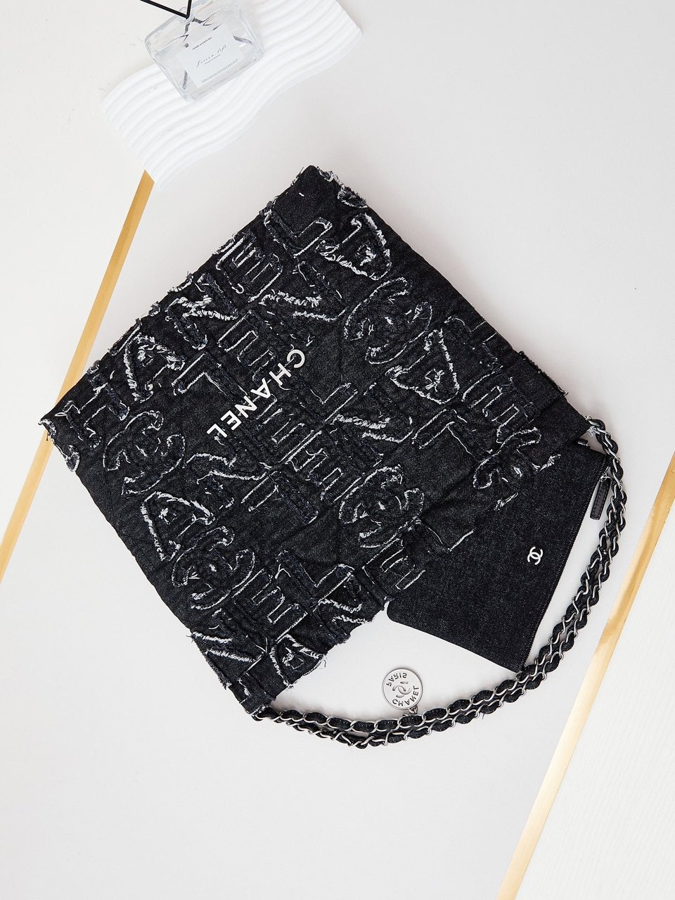 24A Chanel 22 Hobo Bag Black Denim Silver Hardware view 3
