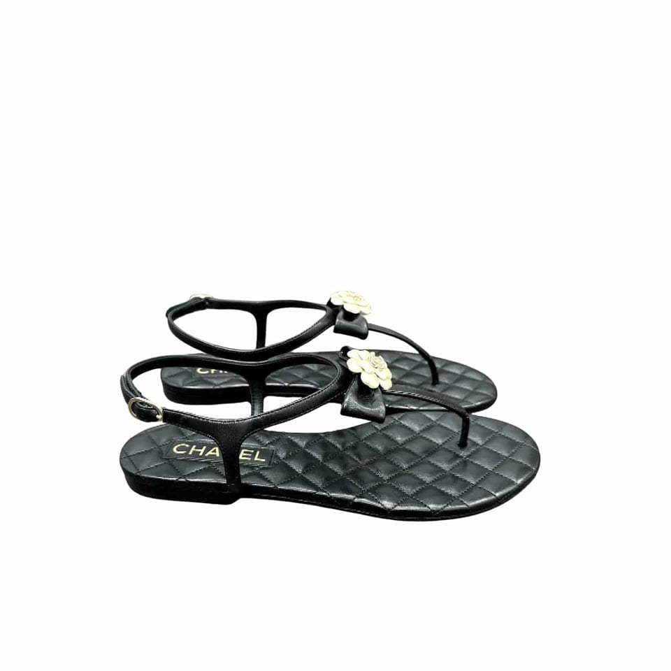 Chanel Black Quilted Leather With White Camellia Cc Logo Sandals G45258 X01000 94305 view 2