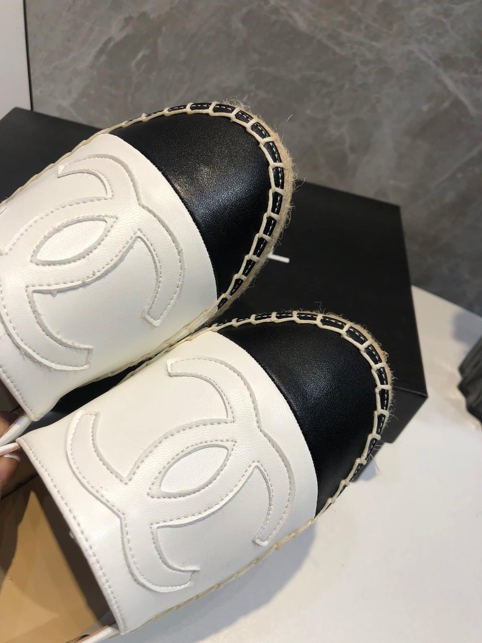 Chanel Embroidered Espadrille Leather Black Cap Toe Flats White Cc view 7