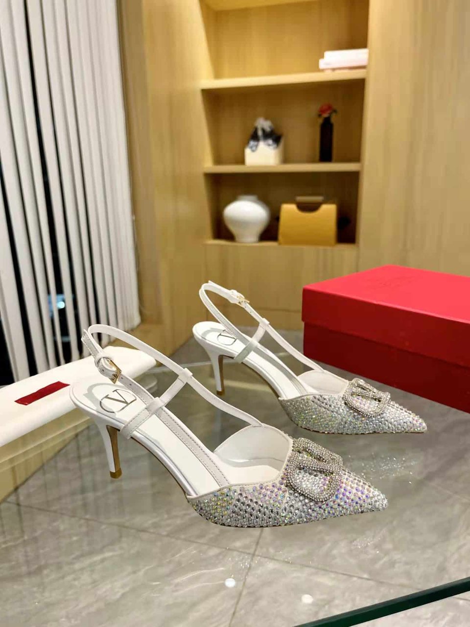 Valentino Vlogo Signature Back Strap Crystal High Heels White view 6