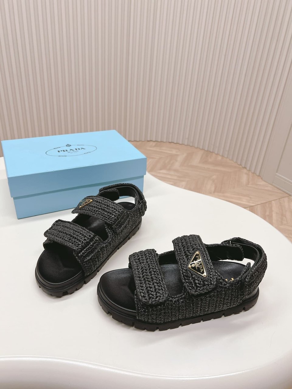 Prada Monolith Crochet Raffia Effect Sandals In Black view 7