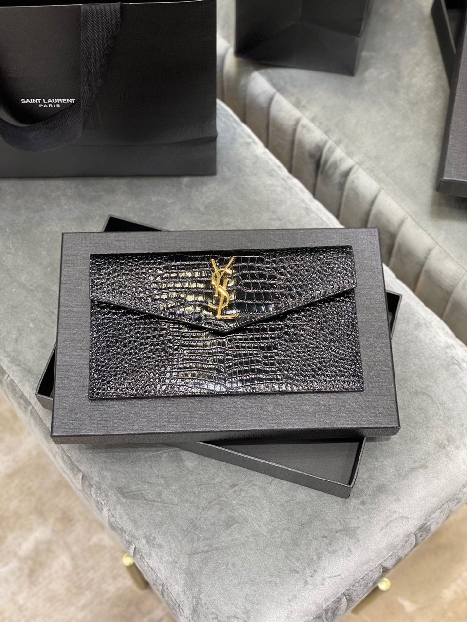 Saint Laurent Uptown Pouch In Crocodile Embossed Shiny Leather view 10