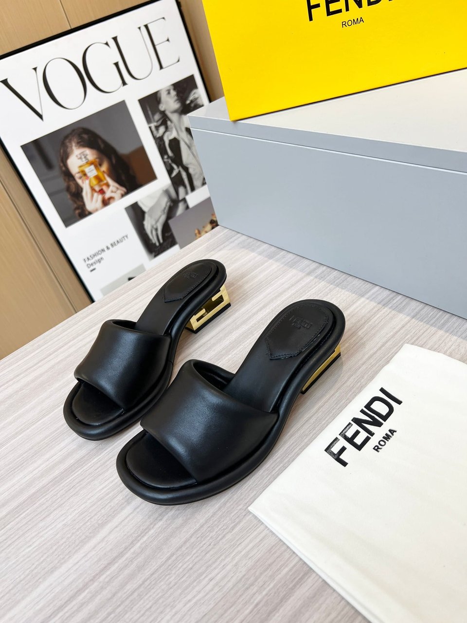 Fendi Cutout Metal Block Heel Padded Leather Sandals Black view 9