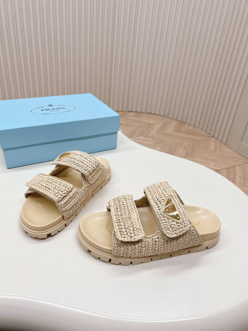 Prada Fussbett Raffia Dual Buckle Slide Sandals Beige view 9