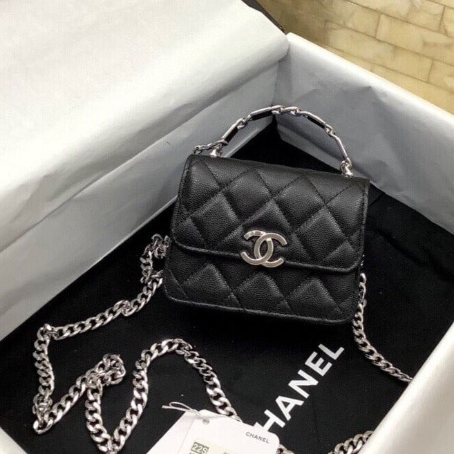 Chanel Mini Woc 13Cm With Top Handle Black Quilted Caviar Leather Silver Hardware view 3