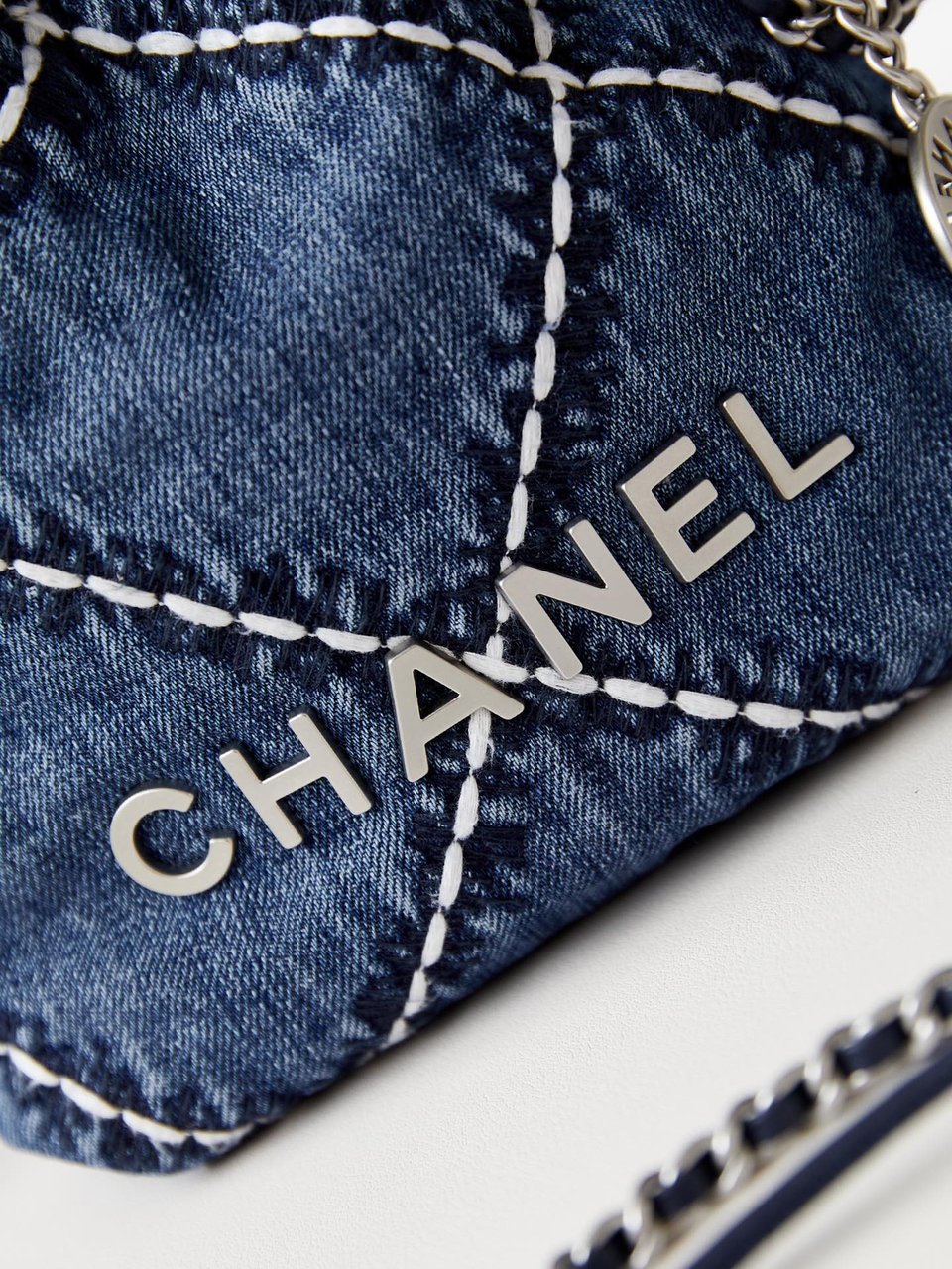 Chanel 22 Mini Backpack Stitched Blue Denim Silver Hardware view 6