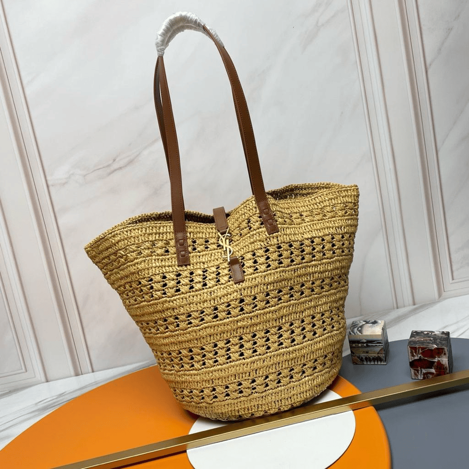 Saint Laurent Panier Medium Bag in Crochet Raffia and Smooth Leather 42cm view 3