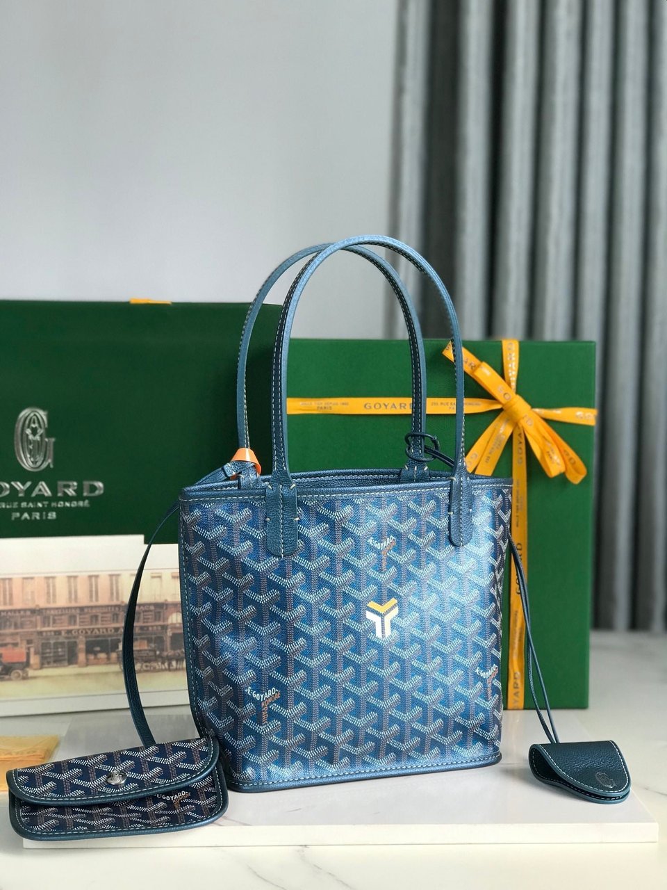Goyard Anjou Mini Bag 20Cm Deep Blue Canvas Chevroches Calfskin view 5