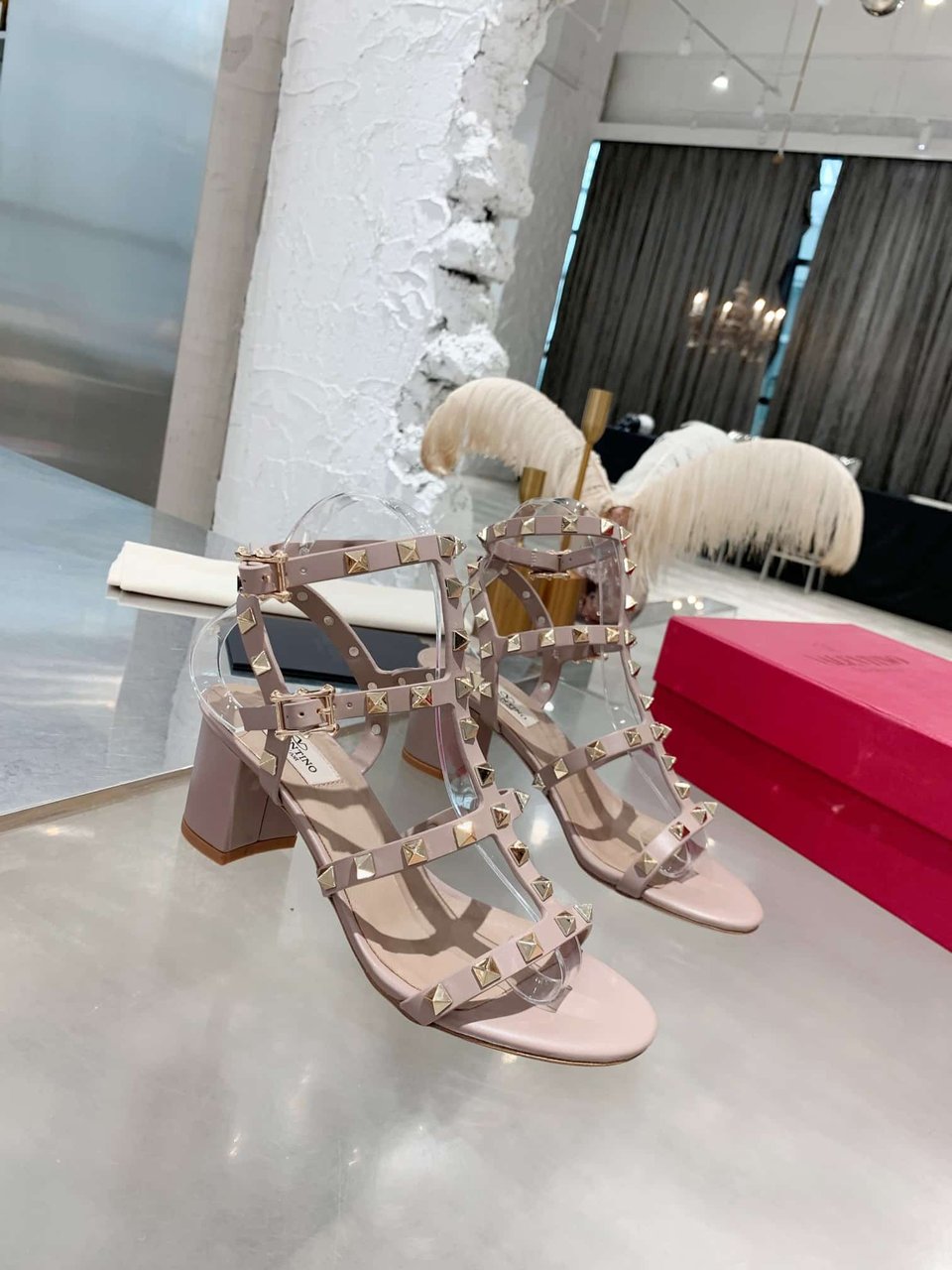 Valentino Garavani Rockstud Leather Sandals Beige view 8
