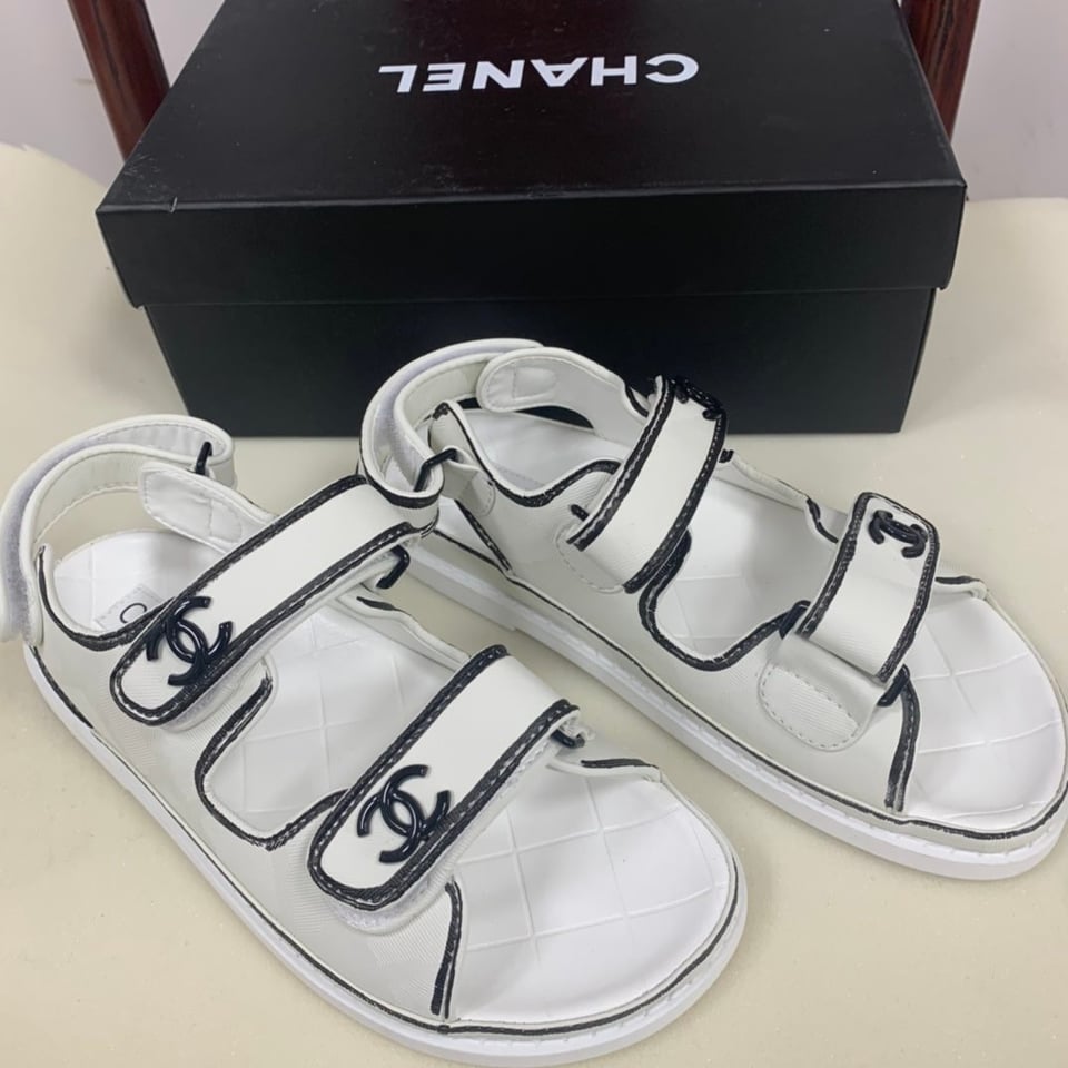 Chanel Calfskin Printed Velcro Dad Sandals White Black view 9