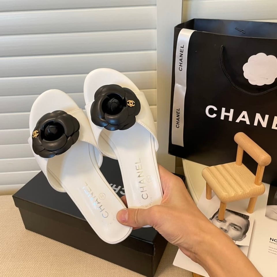 Chanel Black Camellia Slides White view 9
