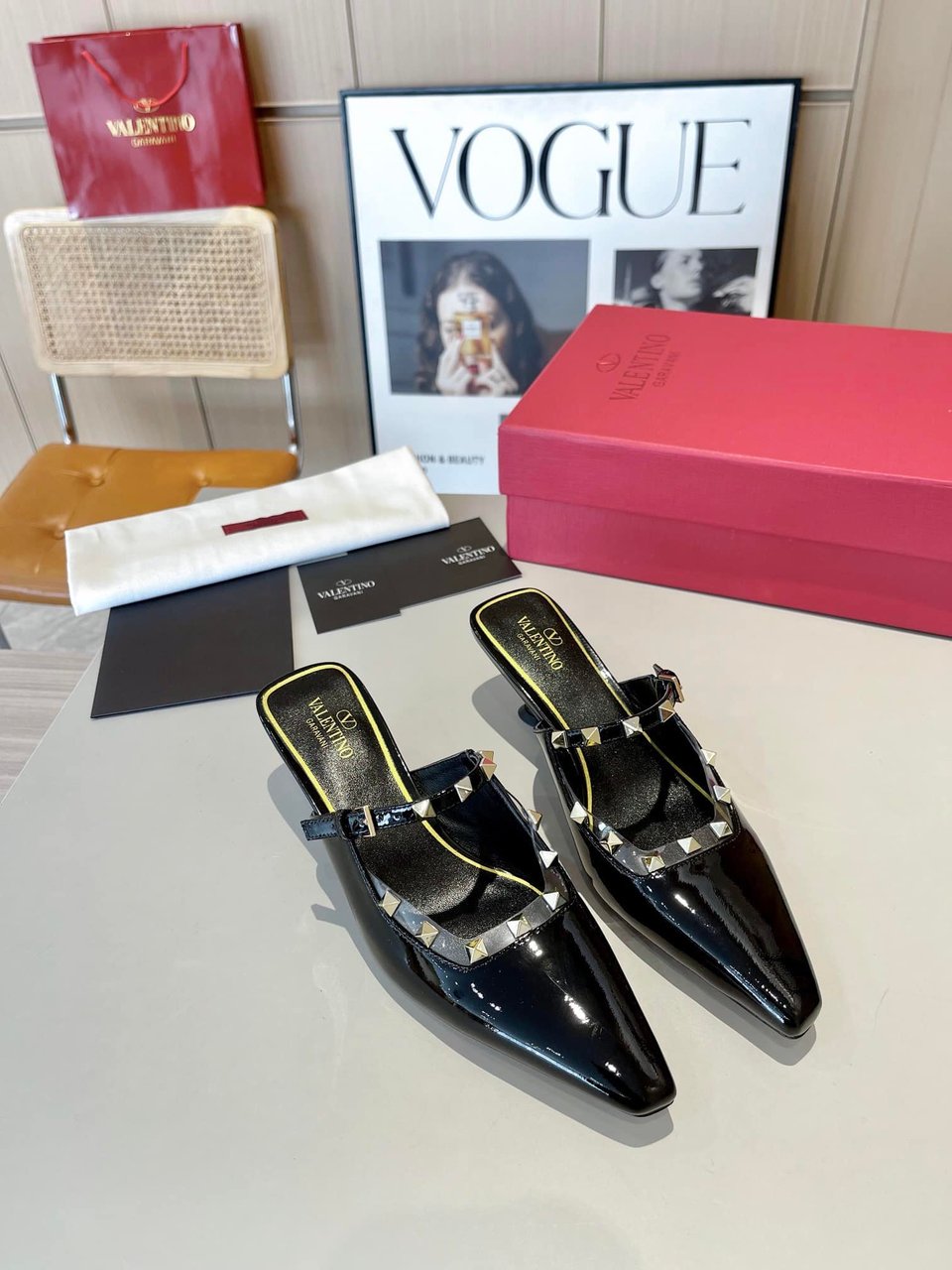 Valentino Garavani Rockstud Asymmetric Patent Leather Mules Black view 11