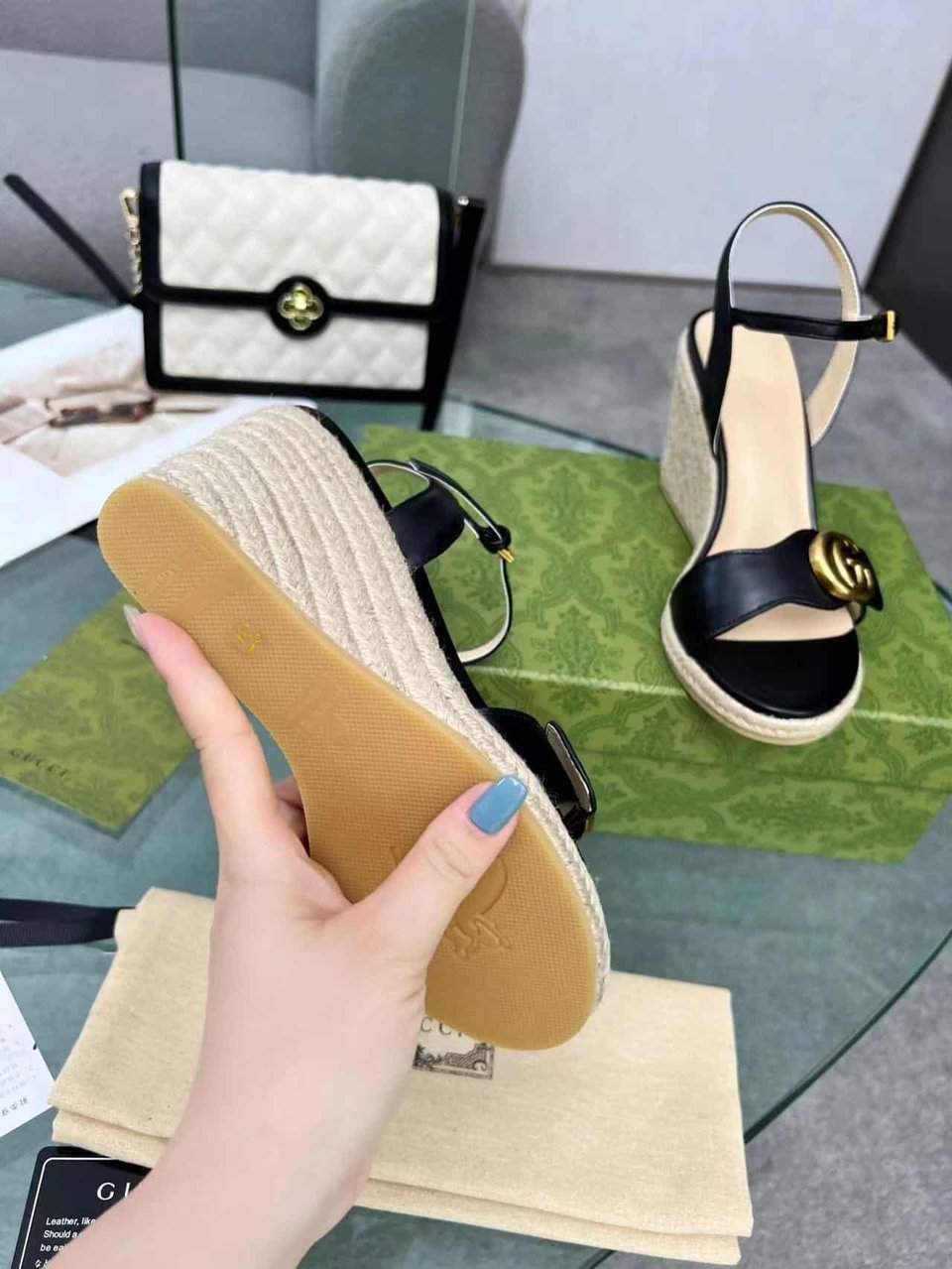 Gucci Leather Wedge Espadrille Sandals Black 8Cm view 5
