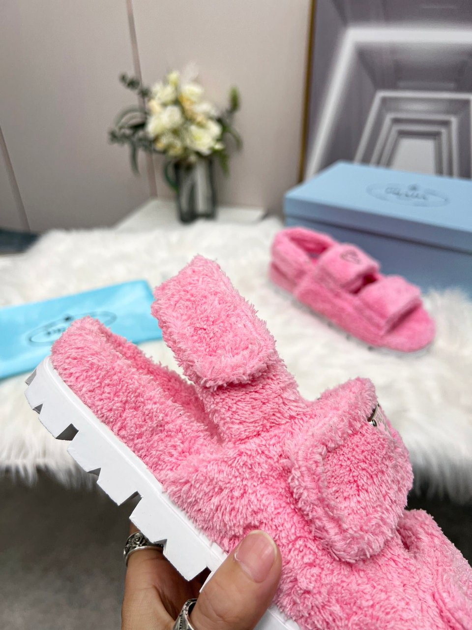 Prada Petal Pink Terrycloth Sandals 1X737Mh39F0442Fd020 view 7
