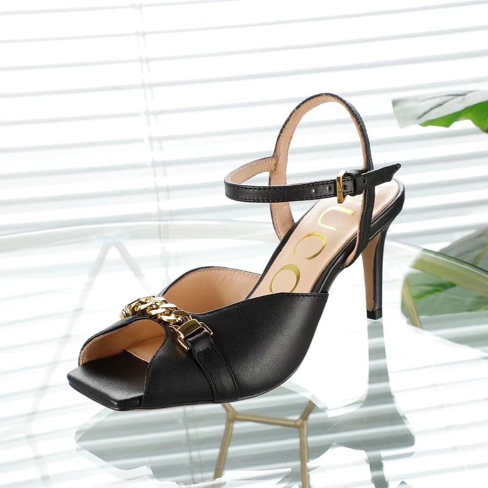 Gucci Metal Chain Stiletto Heels Flip Flop Fish Mouth Sandals Black view 6