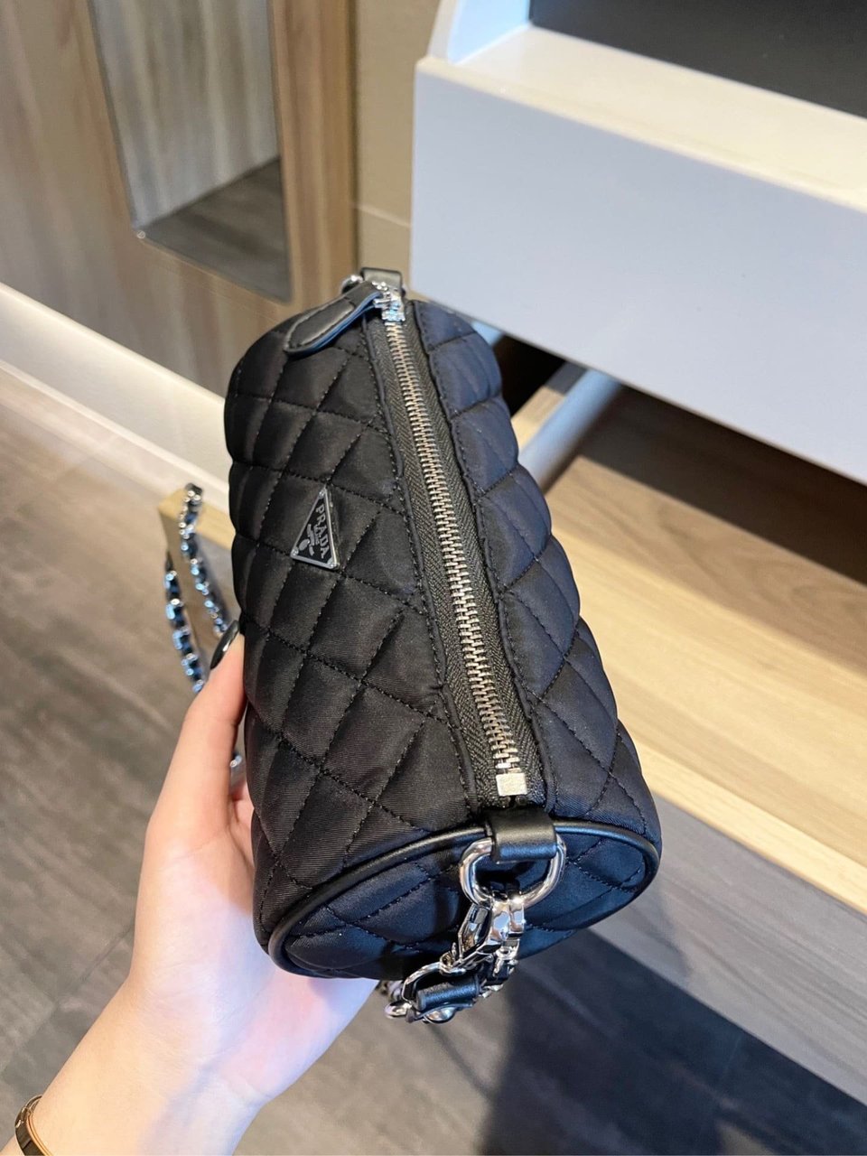 Prada Tessuto Black Quilted Barrel Bag Black 20Cm view 7