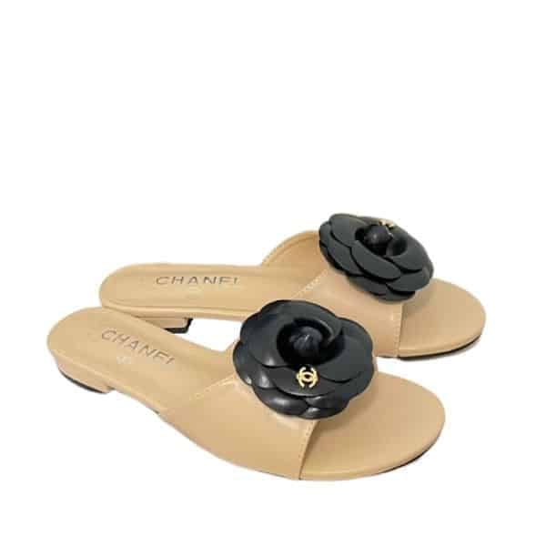 Chanel Black Camellia Slides Beige view 2