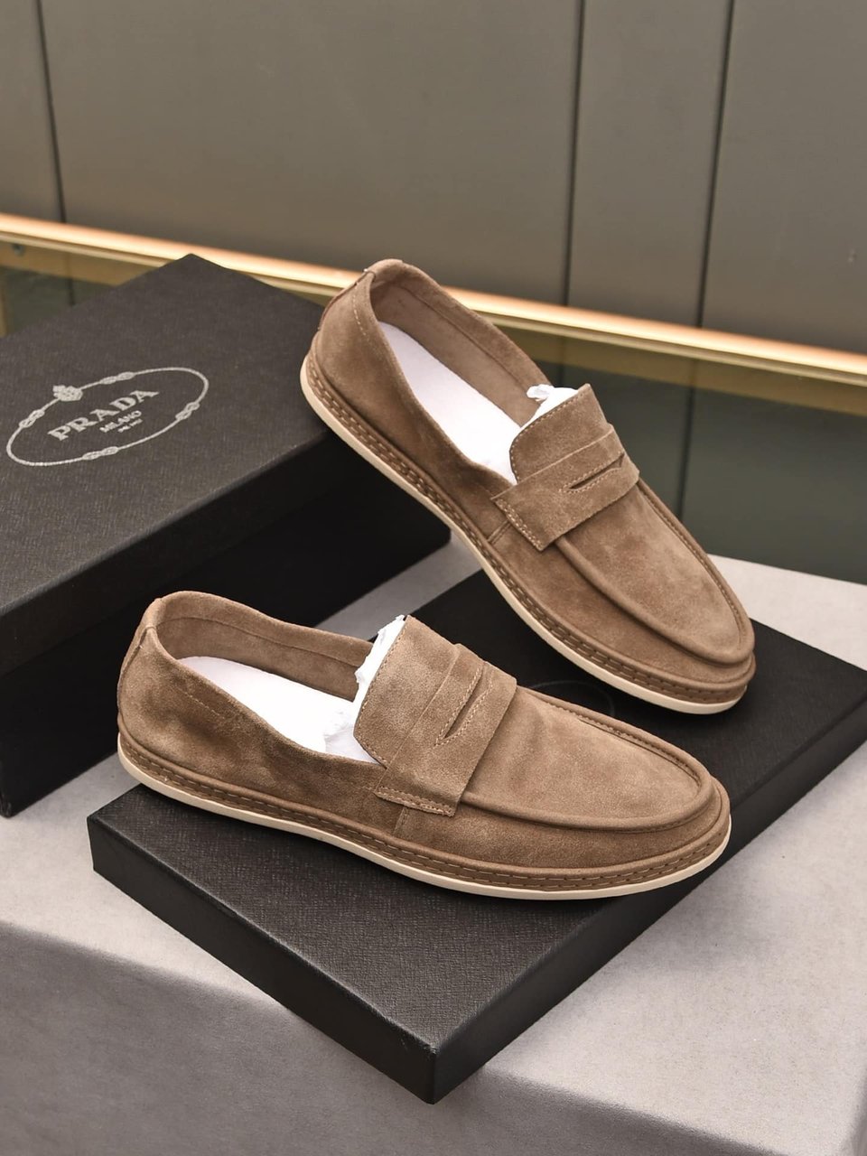 Prada Men’S Flat Loafers Suede Leather Brown view 5