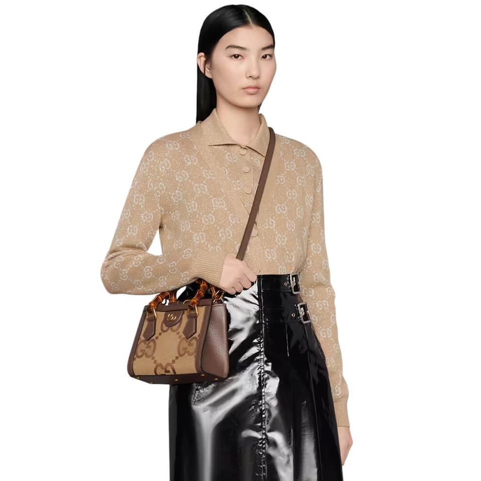 Gucci Diana Jumbo GG Mini Tote Bag Camel Brown Canvas 20cm view 3