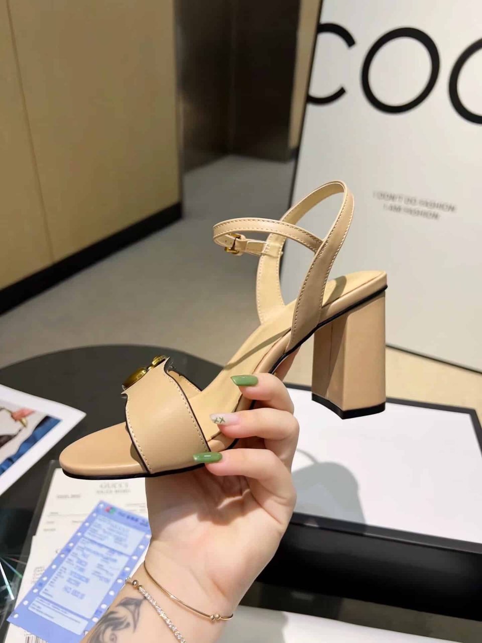 Gucci Leather Mid Heel Sandal Beige view 8