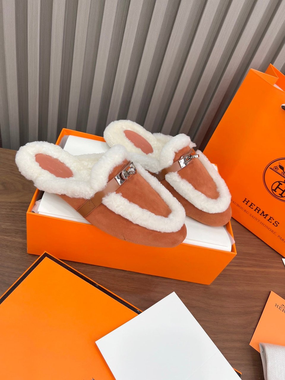 Hermes Oz Mule Shearling Brown White view 3