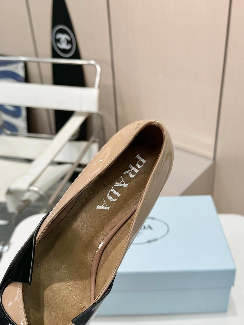 Prada Two Tone Toe Kitten Heels In Black And Beige view 8