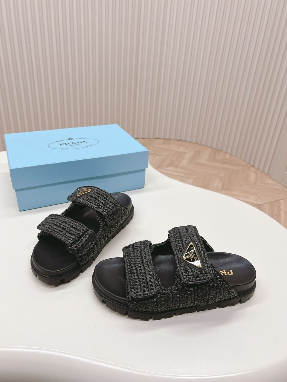 Prada Fussbett Raffia Dual Buckle Slide Sandals Black view 9