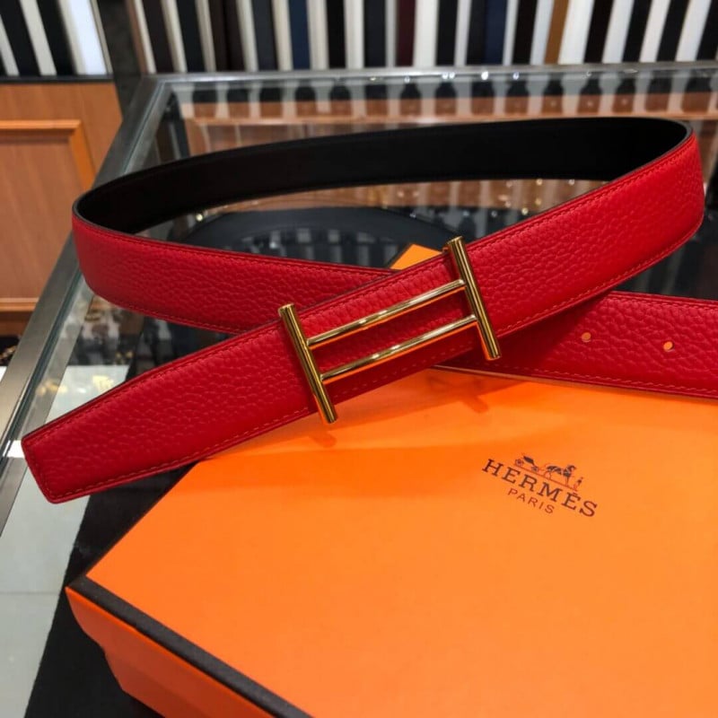 Hermes Rider Belt Buckle &amp; Reversible Leather Strap 32mm H075372 Red/Black view 3