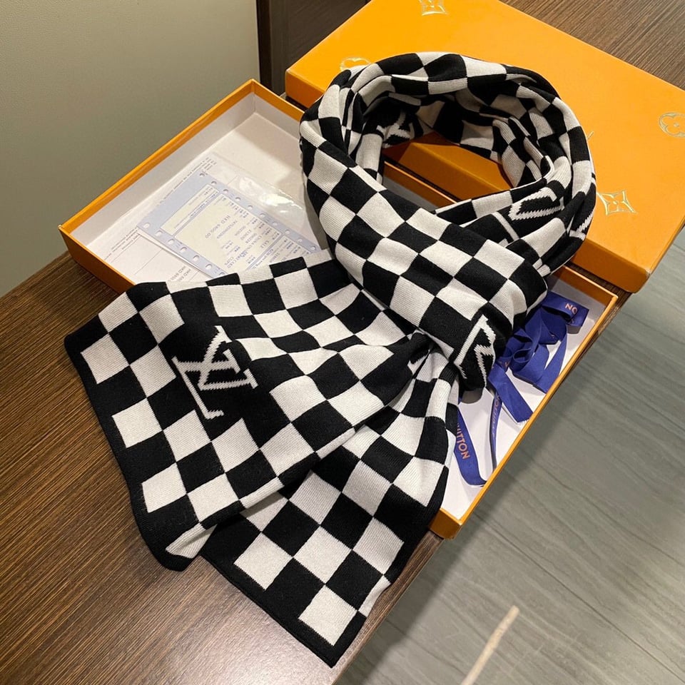 Louis Vuitton Monogram Cashmere Jacquard Scarf Black-White For Women 200cm view 6