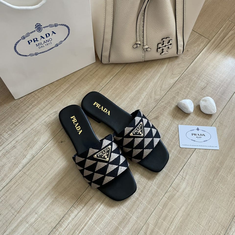 Prada Embroidered Fabric Slides Black White view 7