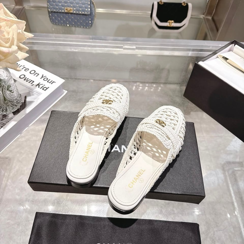 Chanel Braided Woven Raffia Mules with CC Logo White Raffia G39850 view 11