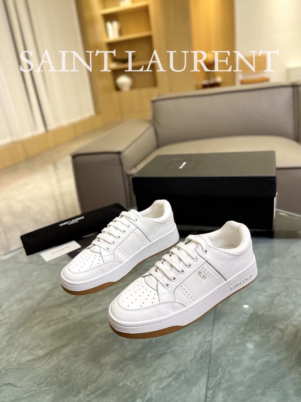 Saint Laurent Perforated Leather Sneakers White view 9