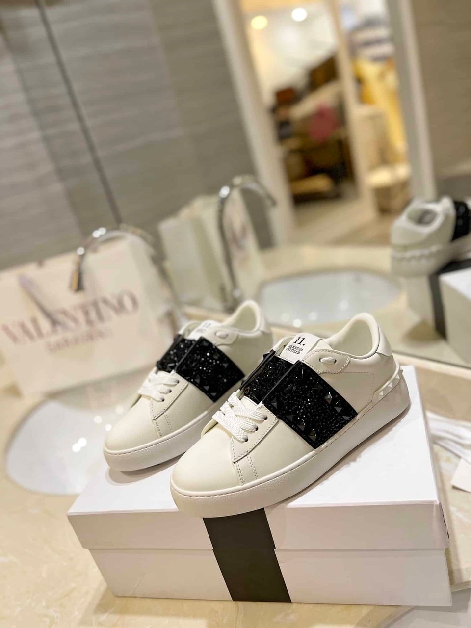 Valentino Garavani Rockstud Untitled Crystal Embellished Leather Sneakers Black view 10