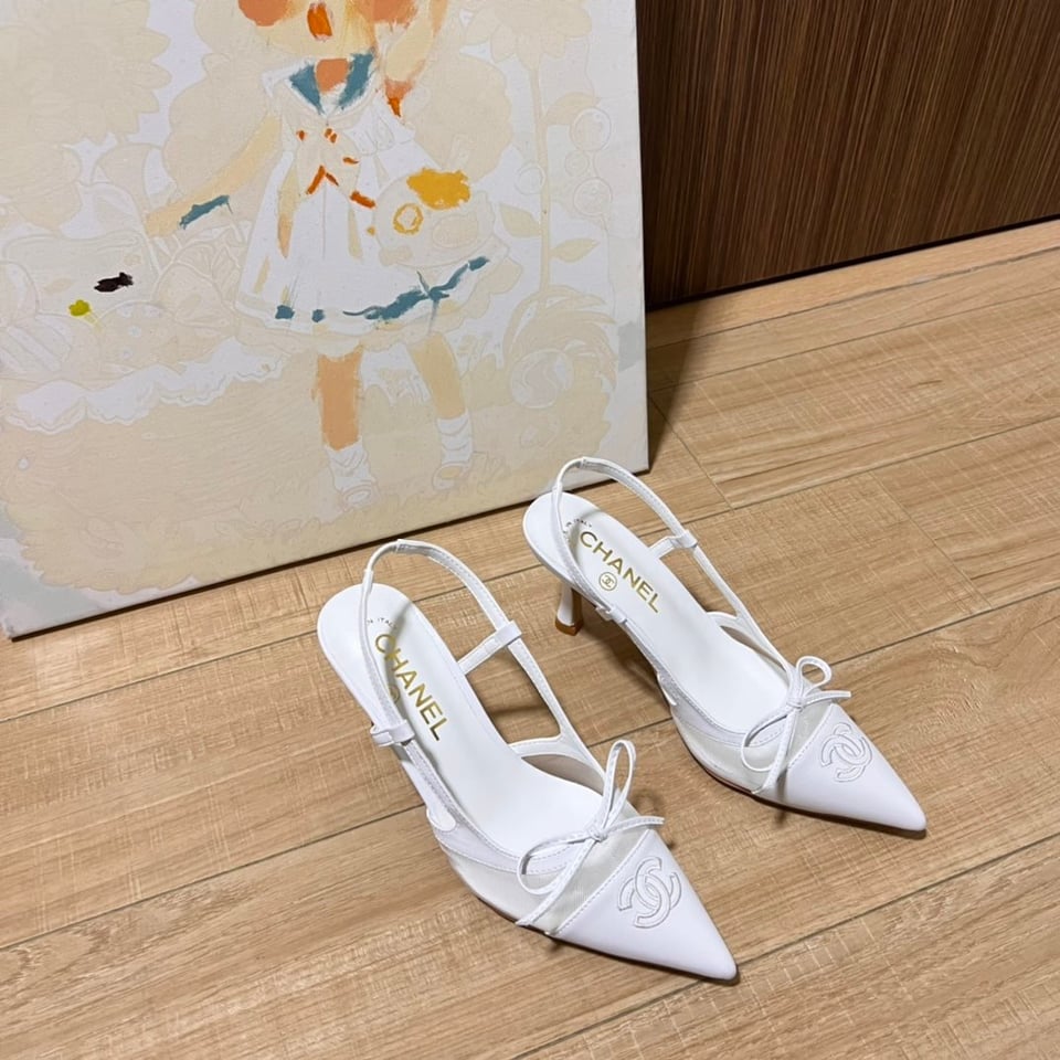 Chanel Cc Leather Pointy Toe Pumps Slingbacks Sandals White view 7