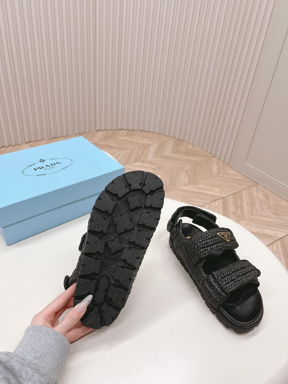 Prada Monolith Crochet Raffia Effect Sandals In Black view 3