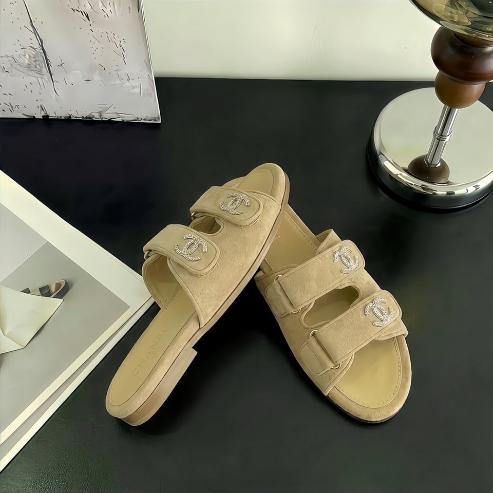 Chanel Suede Calfskin Crystal CC Double Strap Mules Beige Suede G38689 view 5