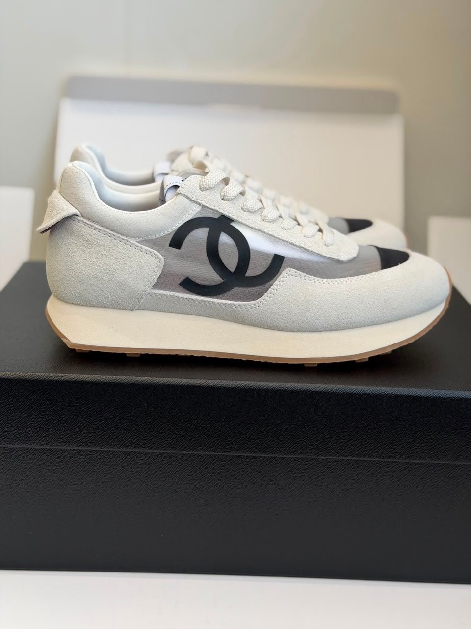 Chanel Mesh Suede Calfskin Sneakers with Black CC Logo Light Grey White &amp; Black G38290 view 5