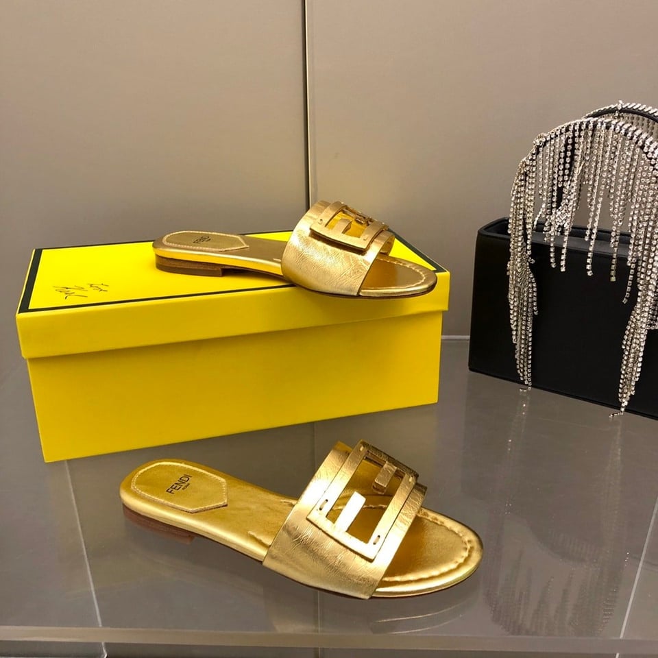 Fendi Baguette Gold Nappa Leather Slides 8R8136Ai16F0Xv6 view 10