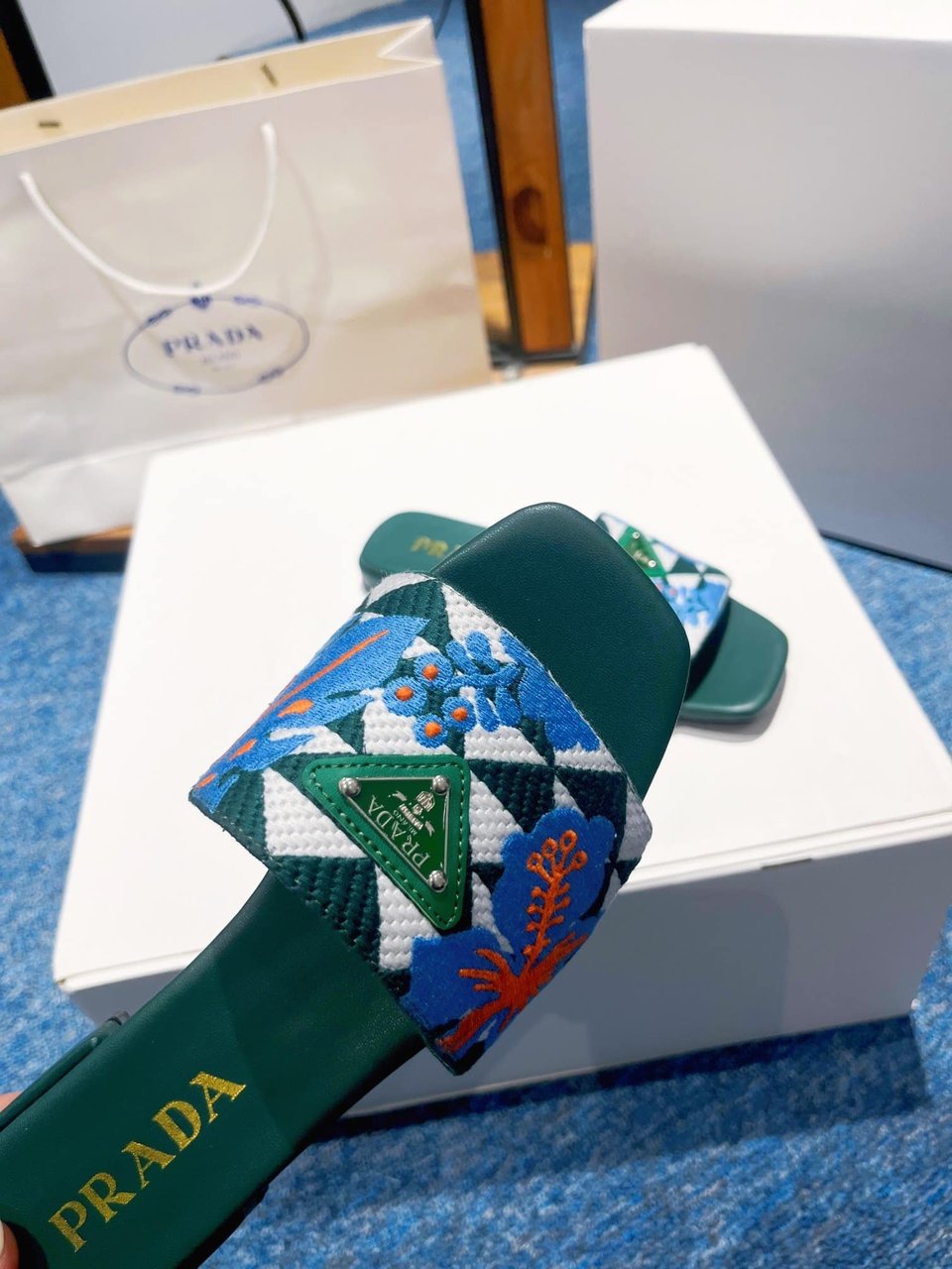 Prada Jacquard Logo Slides Green view 3